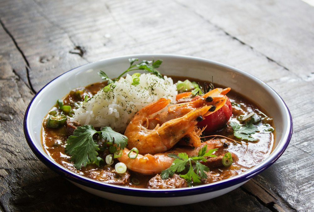Stock photo of a bowl of gumbo with shrimp and rice